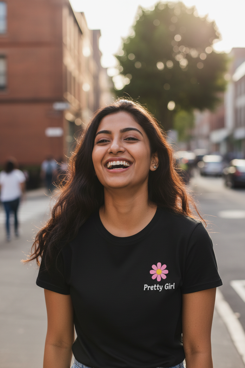 Front view - Pretty Girl daisy print on black t-shirt