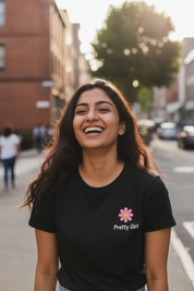Front view - Pretty Girl daisy print on black t-shirt