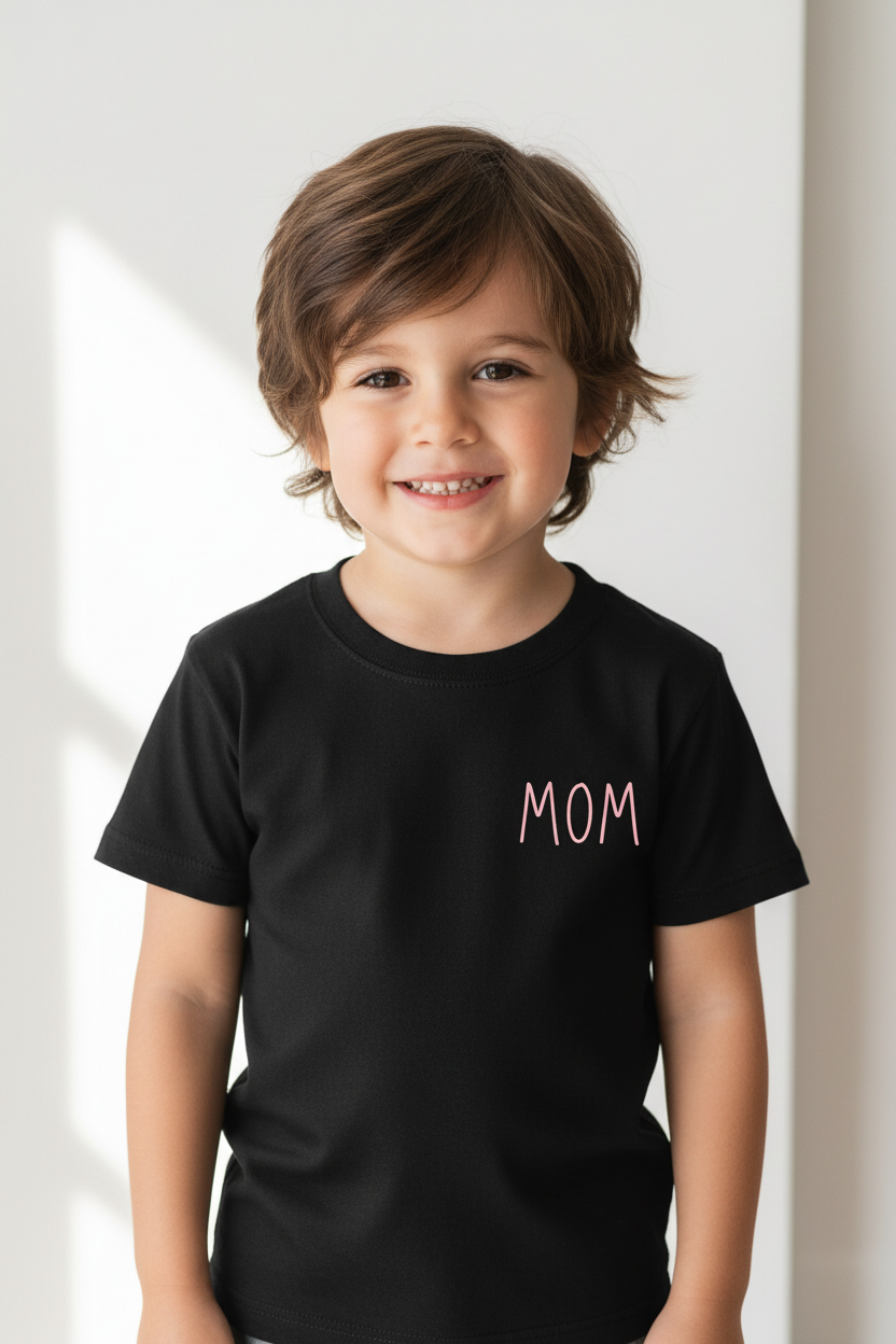 Kids model front left pocket MOM print black tee