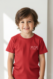 Kids model front left pocket MOM print red tee