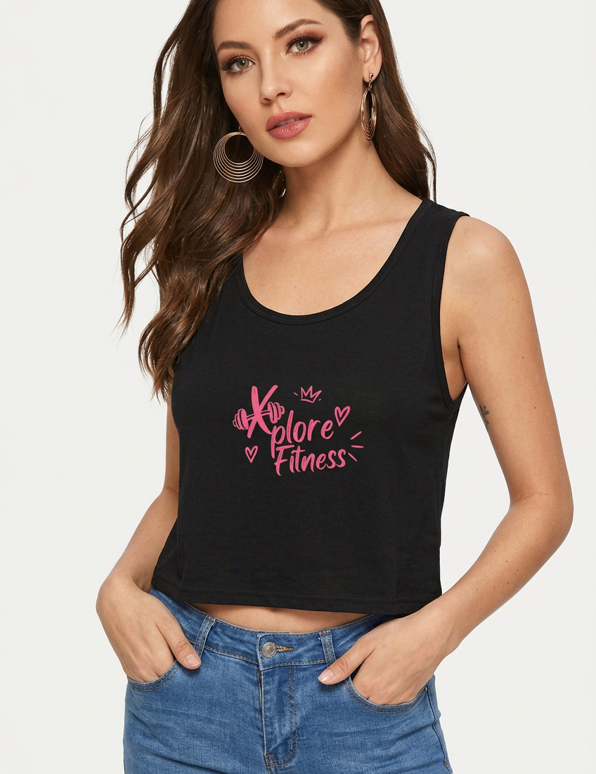 Your model wearing the black Xplore Fitness crop tank