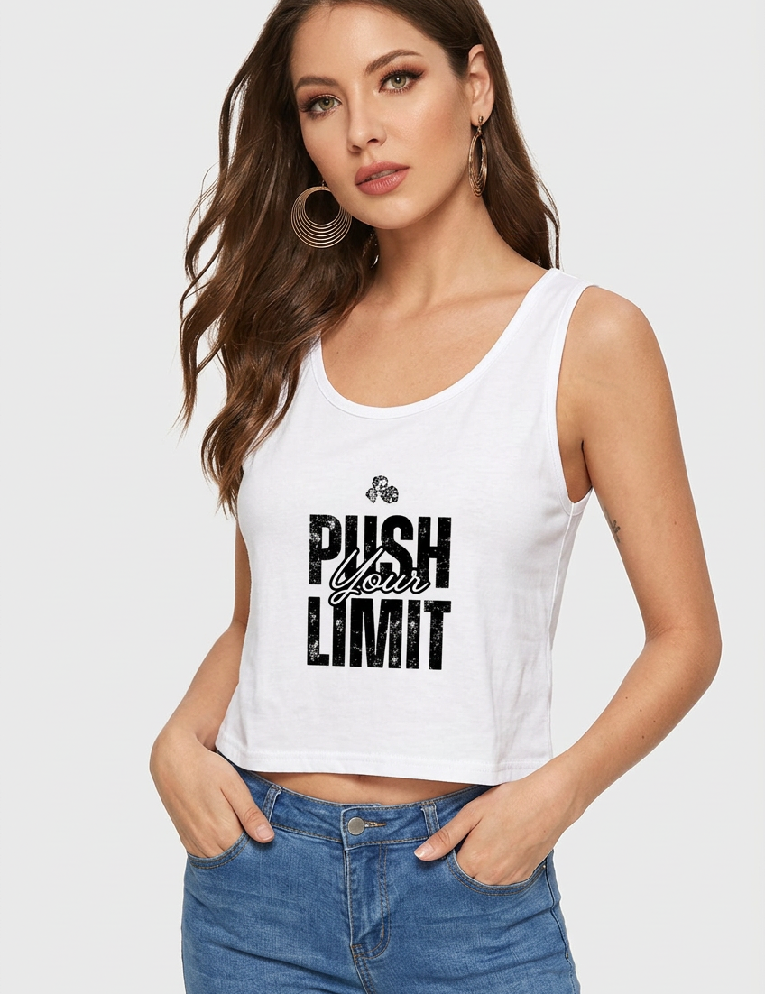 Your model wearing the white Push Your Limit crop tank
