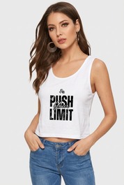 Your model wearing the white Push Your Limit crop tank